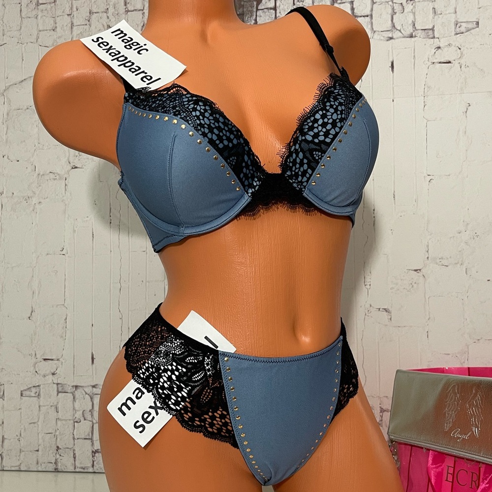 VS 34C BRA L PANTY SET VERY SEXY STUDDED DENIM - Picture 2 of 3